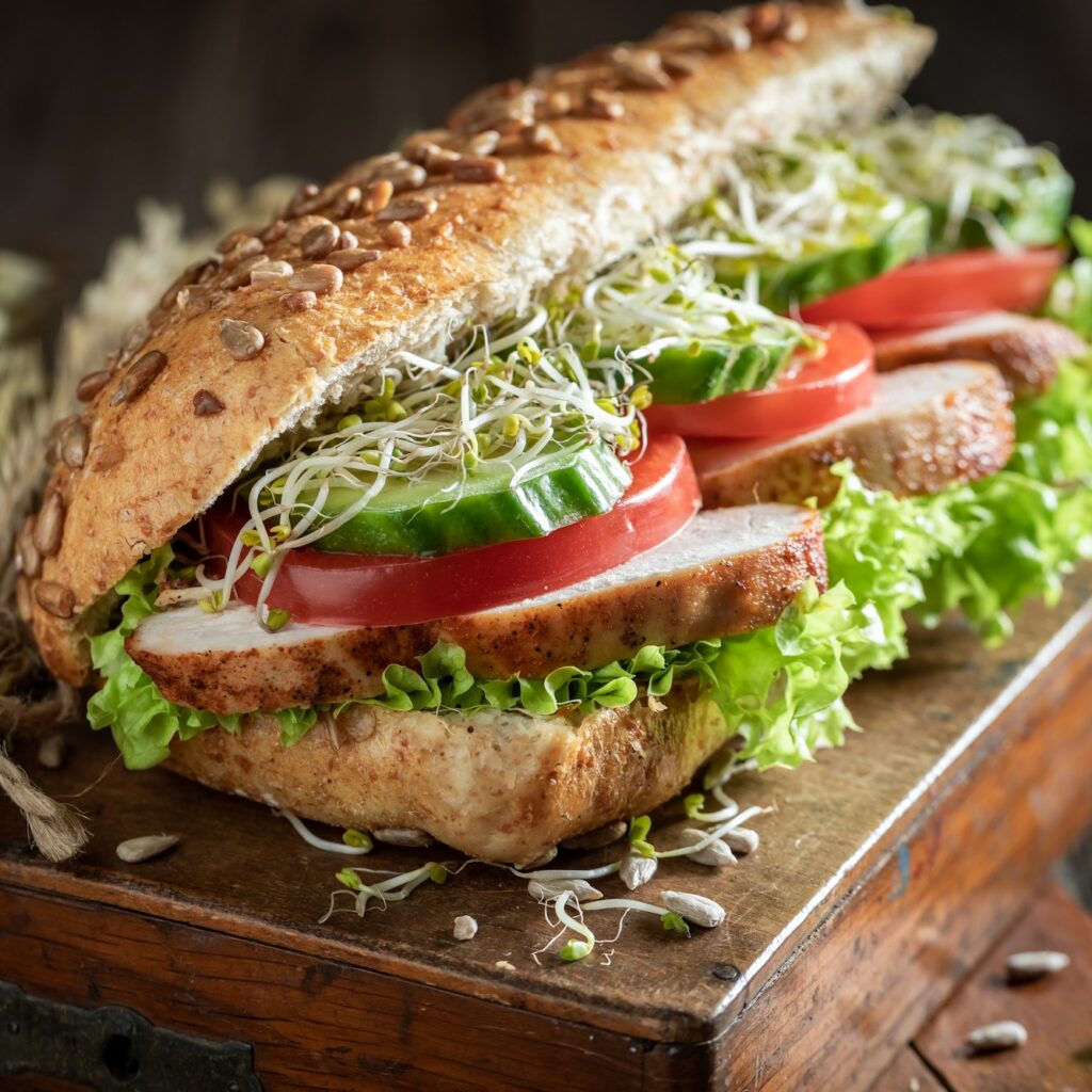 Tasty sandwich with grilled chicken, tomato and cucumber